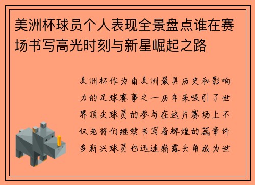 美洲杯球员个人表现全景盘点谁在赛场书写高光时刻与新星崛起之路